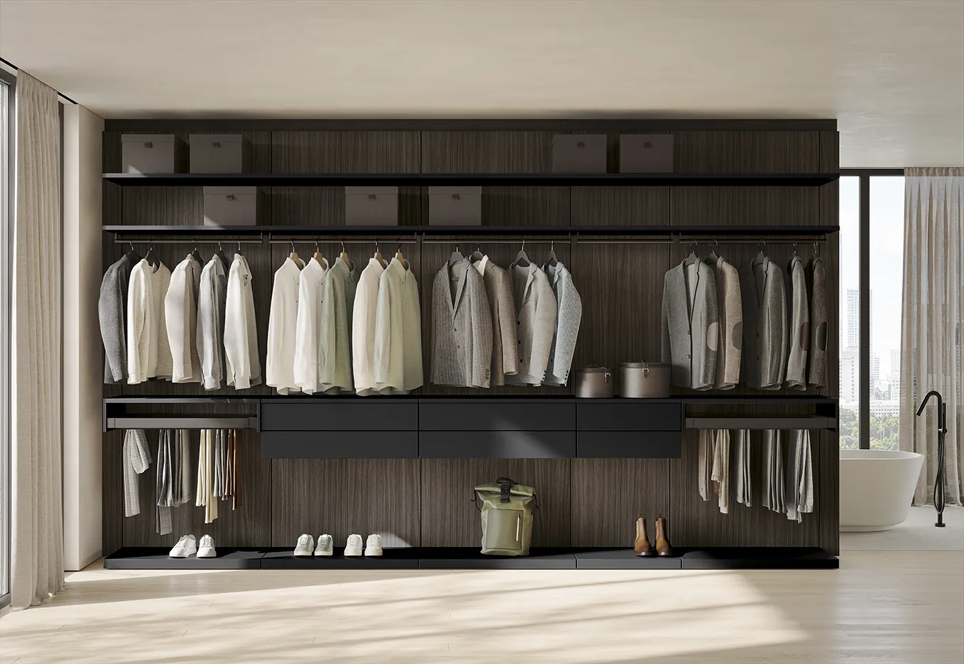 Guardaroba a parete Connex Colombini Wardrobes in legno scuro con cassettiera nera accanto al bagno