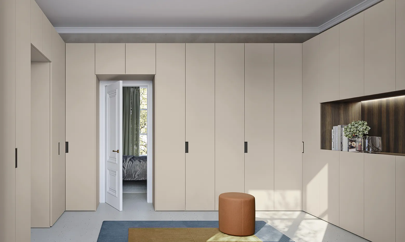 Armadio battente ad angolo Colombini Wardrobes sabbia attorno alla porta con vano a giorno in legno scuro