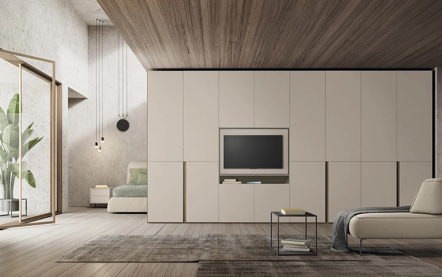 Parete armadio battente Colombini Wardrobes con vano tv centrale tra zona letto e salotto