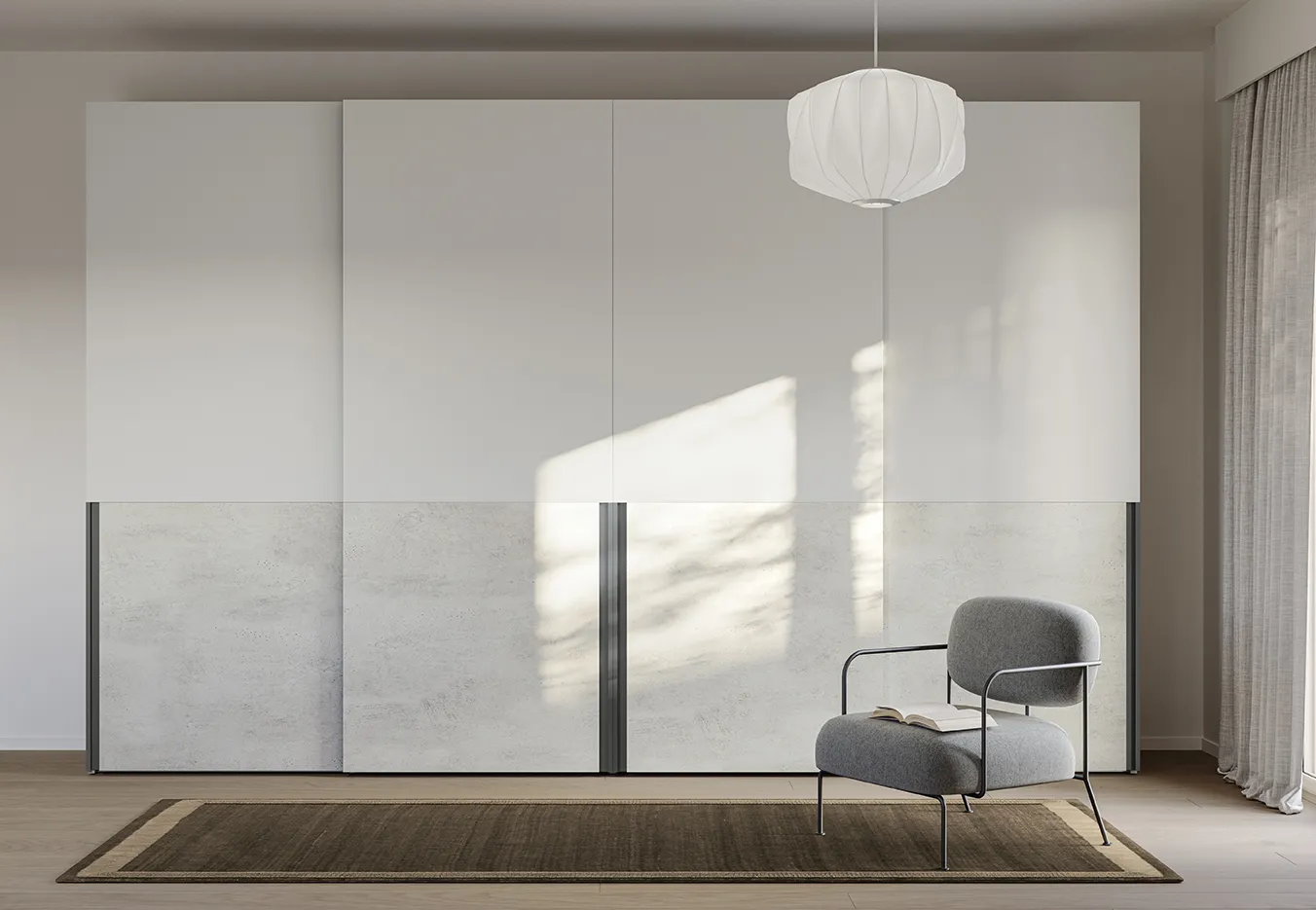 Armadio scorrevole Colombini Wardrobes bianco con parte bassa effetto cemento e montanti scuri