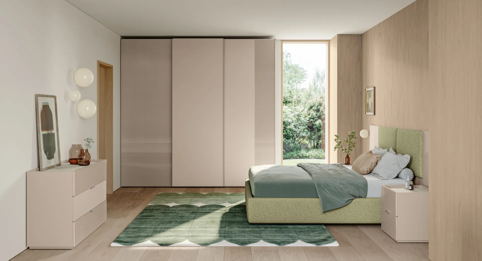 Camera Eclettica Notte Colombini con letto imbottito verde salvia e armadio scorrevole beige