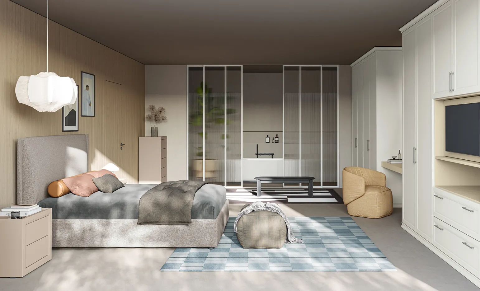 Camera da letto Arcadia Mezzanotte Moderno Colombini con letto grigio e armadio bianco con vano tv