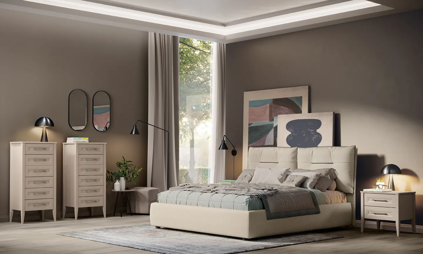 Camera Arcadia Mezzanotte Moderno Colombini con due settimini su gambe e letto con testata trapuntata