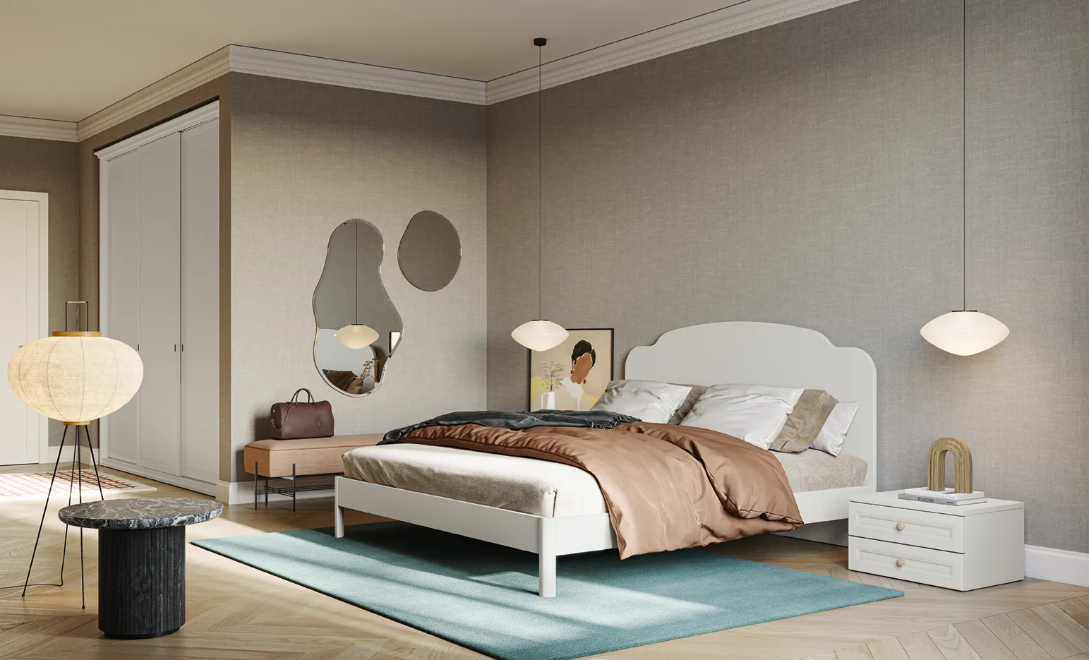 Letto bianco con testata sagomata Arcadia Mezzanotte Moderno Colombini su parete tortora