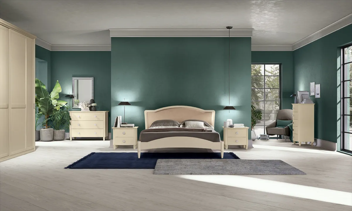 Camera da letto classica Arcadia Mezzanotte Colombini con letto a testata curva e parete verde petrolio