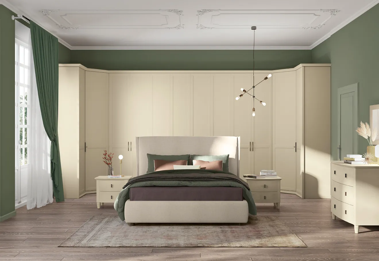 Armadio ad angolo color crema Arcadia Mezzanotte Colombini attorno al letto in una camera classica