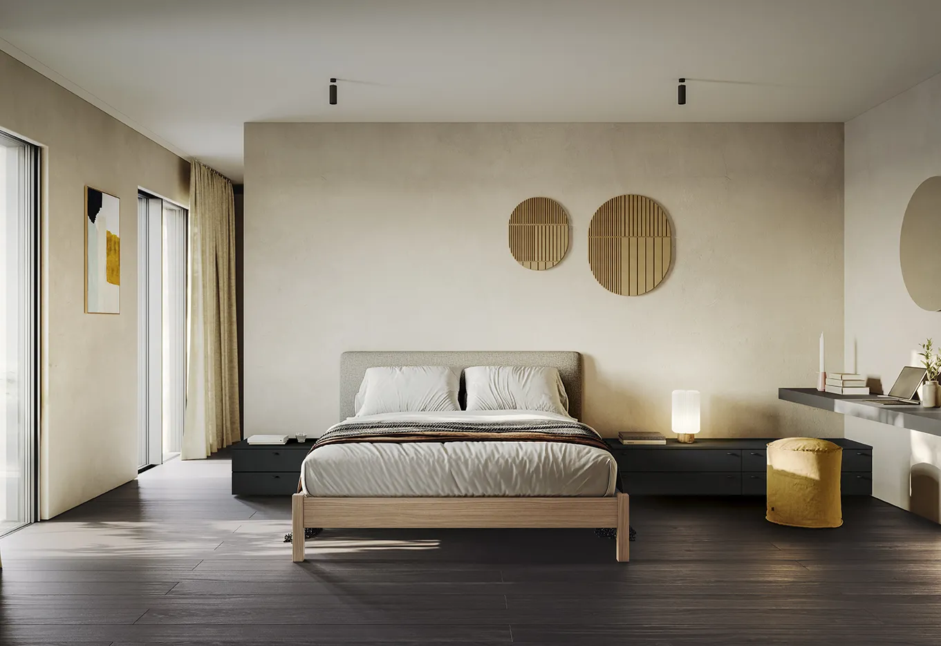 Letto con testata Cosy Colombini imbottita grigio chiaro su giroletto in legno con gambe