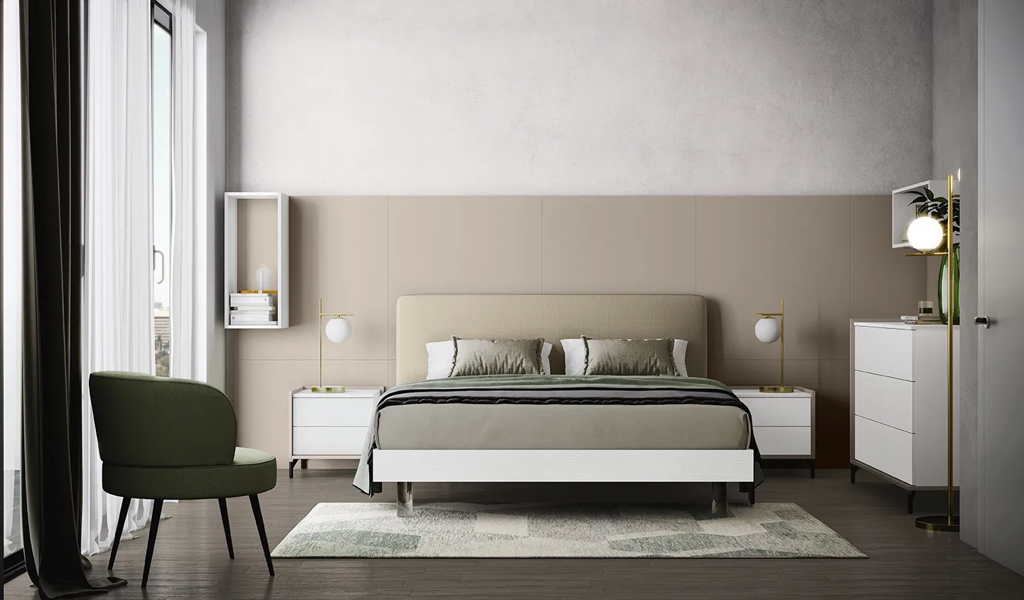 Letto Cosy Colombini con testata imbottita beige su telaio bianco con piedini in metallo