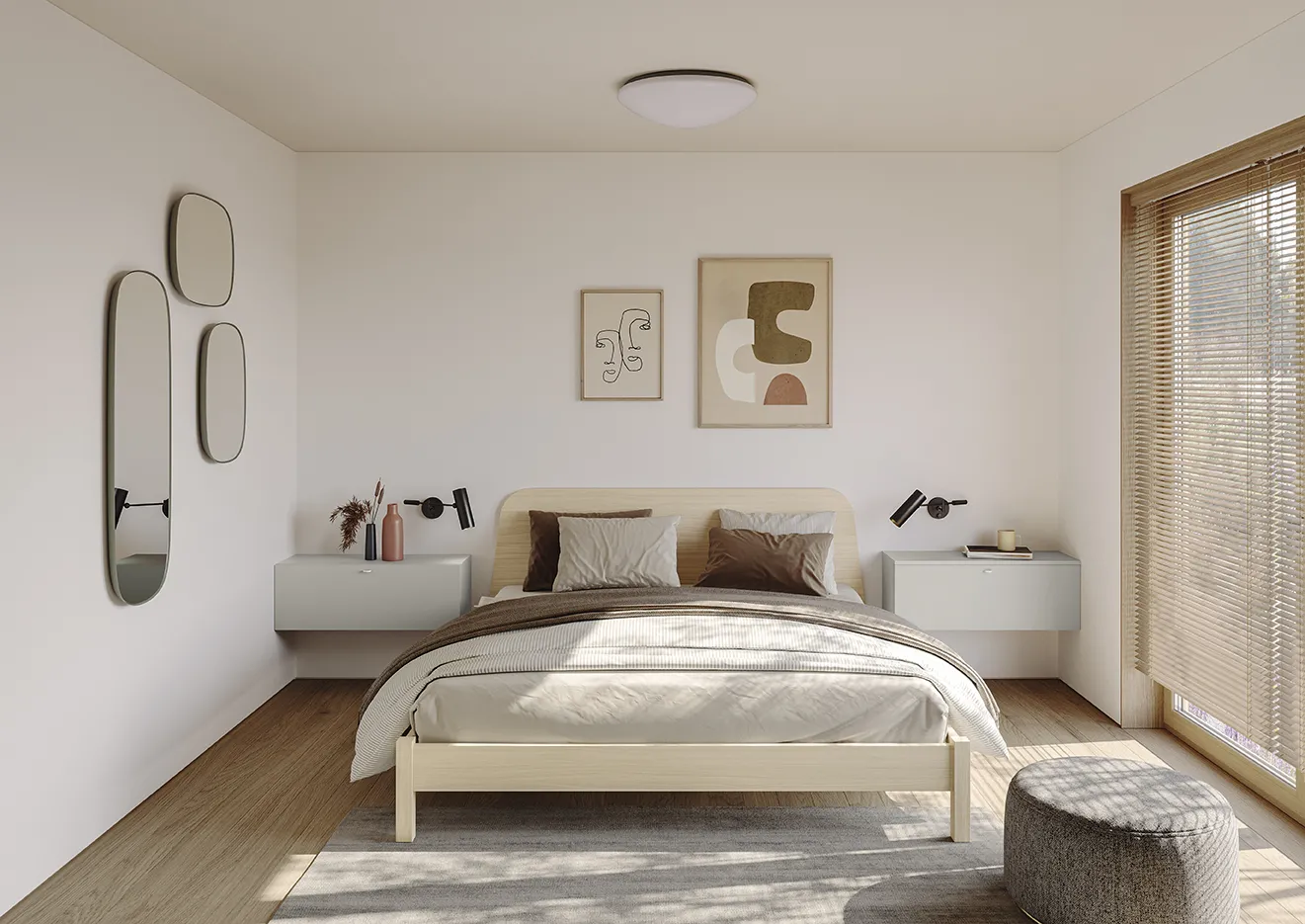 Letto Virgo Colombini con testata arrotondata in legno chiaro su gambe tra comodini sospesi bianchi