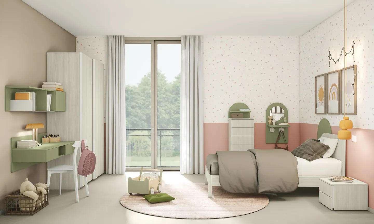 Letto singolo Pill Colombini con arco verde salvia in una cameretta dalle pareti rosa