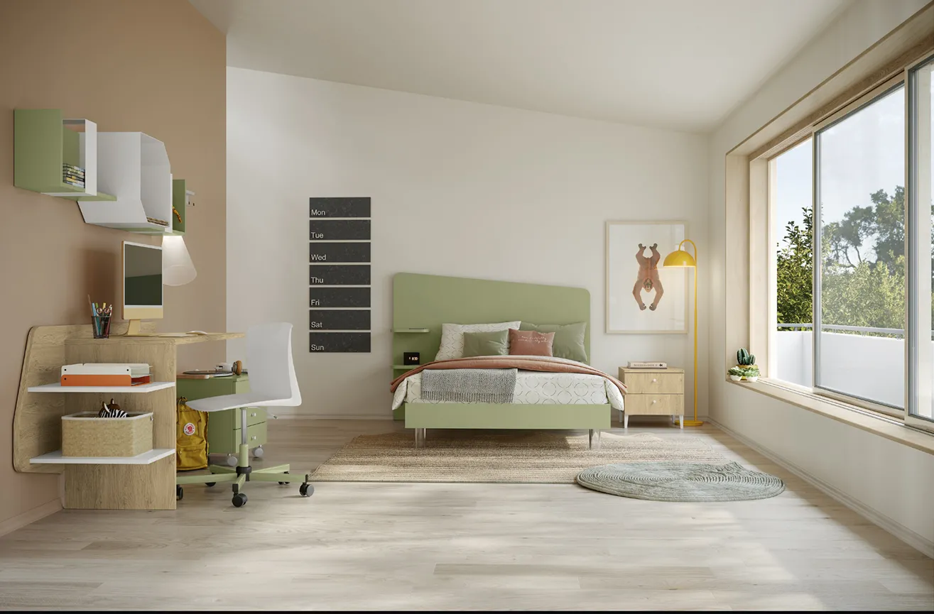 Letto Edge Plus Colombini verde salvia con mensola sulla testata e comodino in legno chiaro