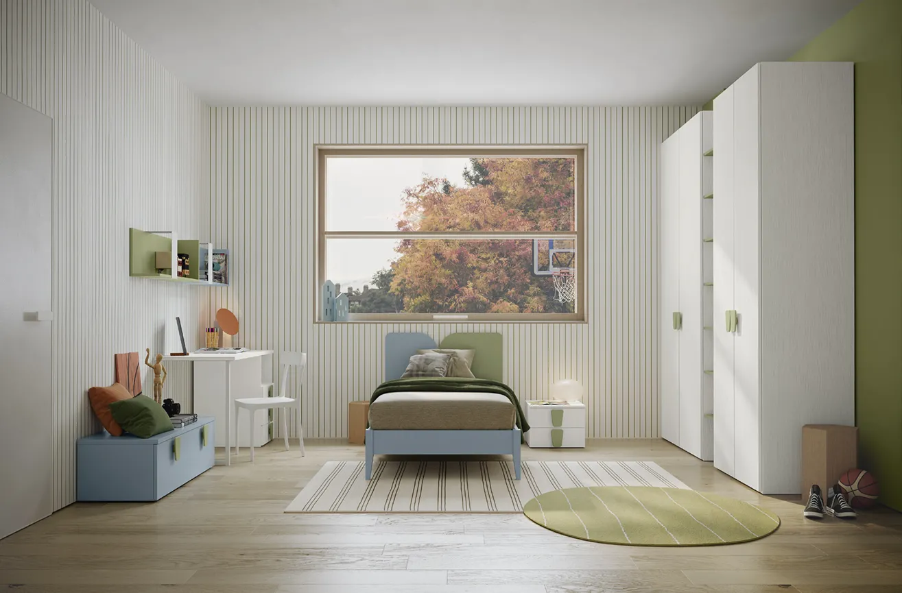 Letto singolo Tulip Colombini con pannelli azzurro e verde davanti a una parete a doghe