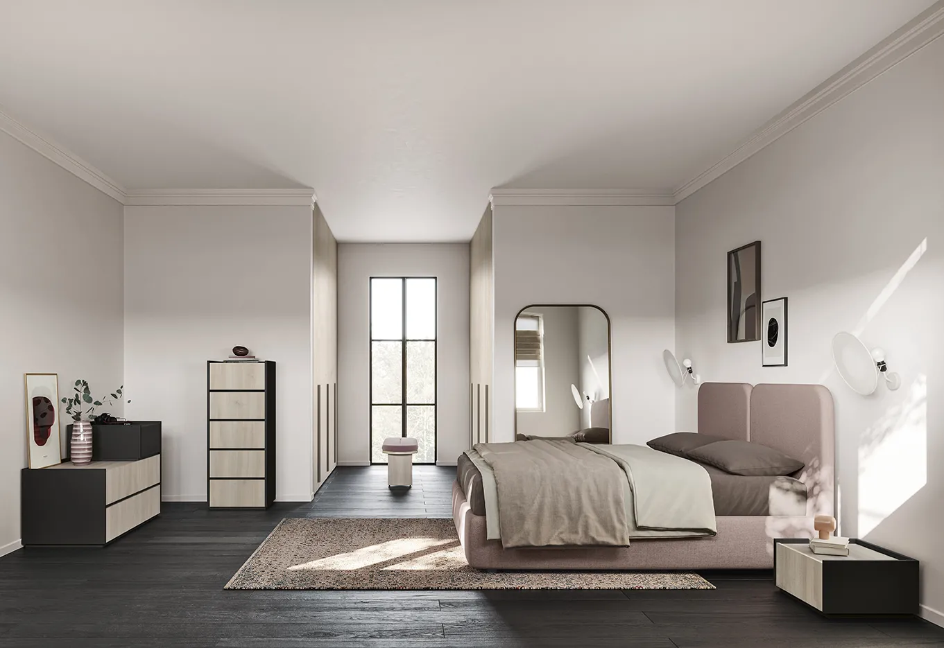 Letto imbottito Alba Colombini in tessuto rosa antico con testata a due cuscini