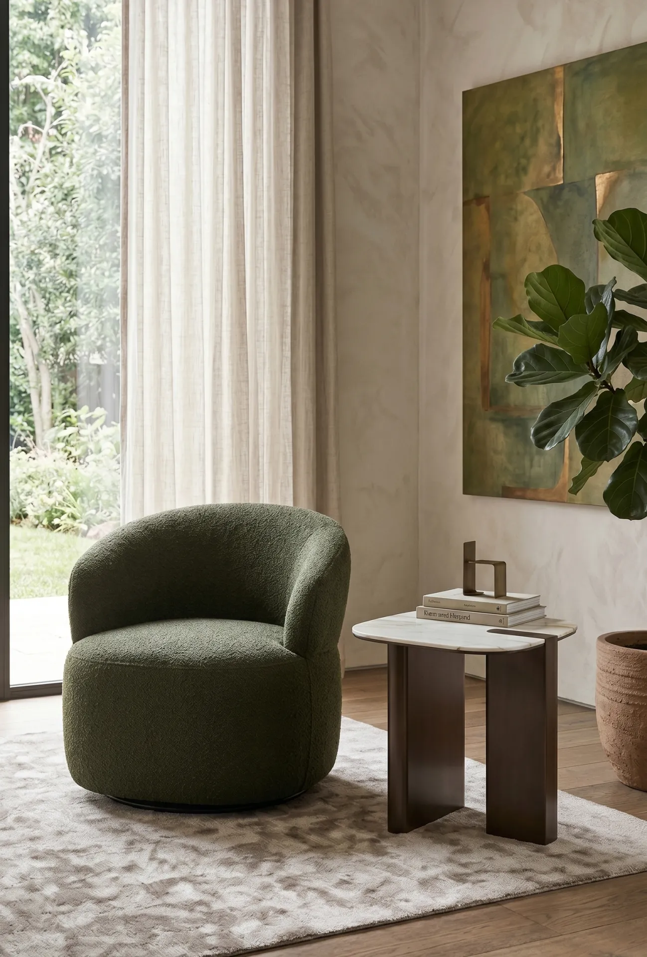 Tavolino Key Stones Calacatta oro con struttura bronzo vicino a una poltrona verde, davanti a una finestra