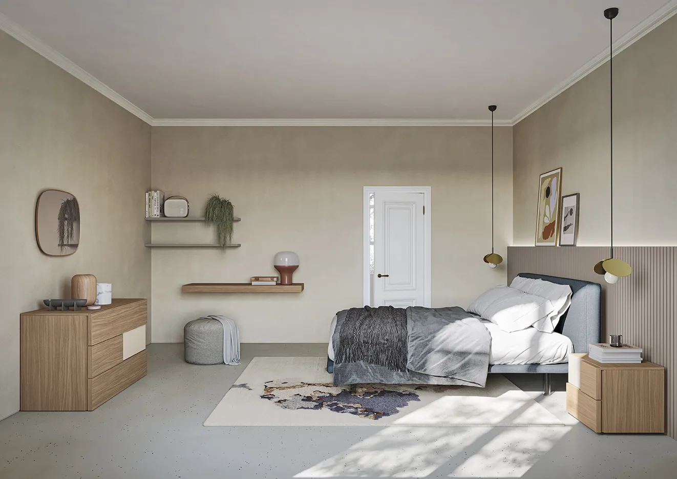 Letto imbottito Unique Colombini blu in una camera con comò in legno e mensole sospese