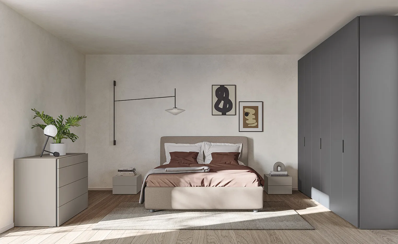 Letto imbottito Line Colombini in tessuto beige tra comò grigio e armadio color ardesia