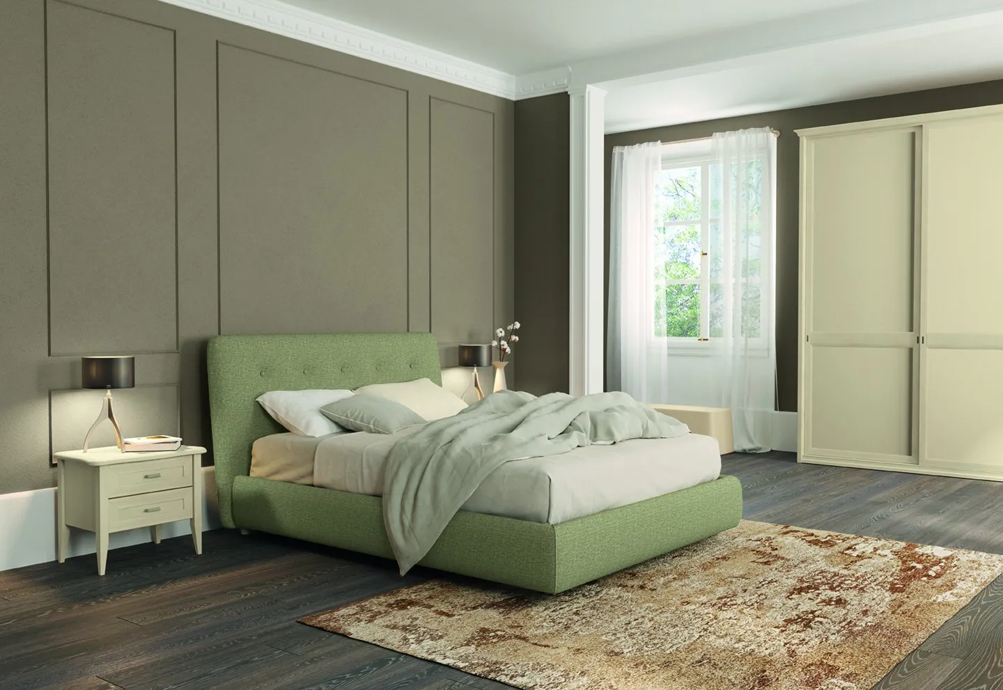 Letto Adagio Colombini in tessuto verde salvia in una camera classica con boiserie a riquadri