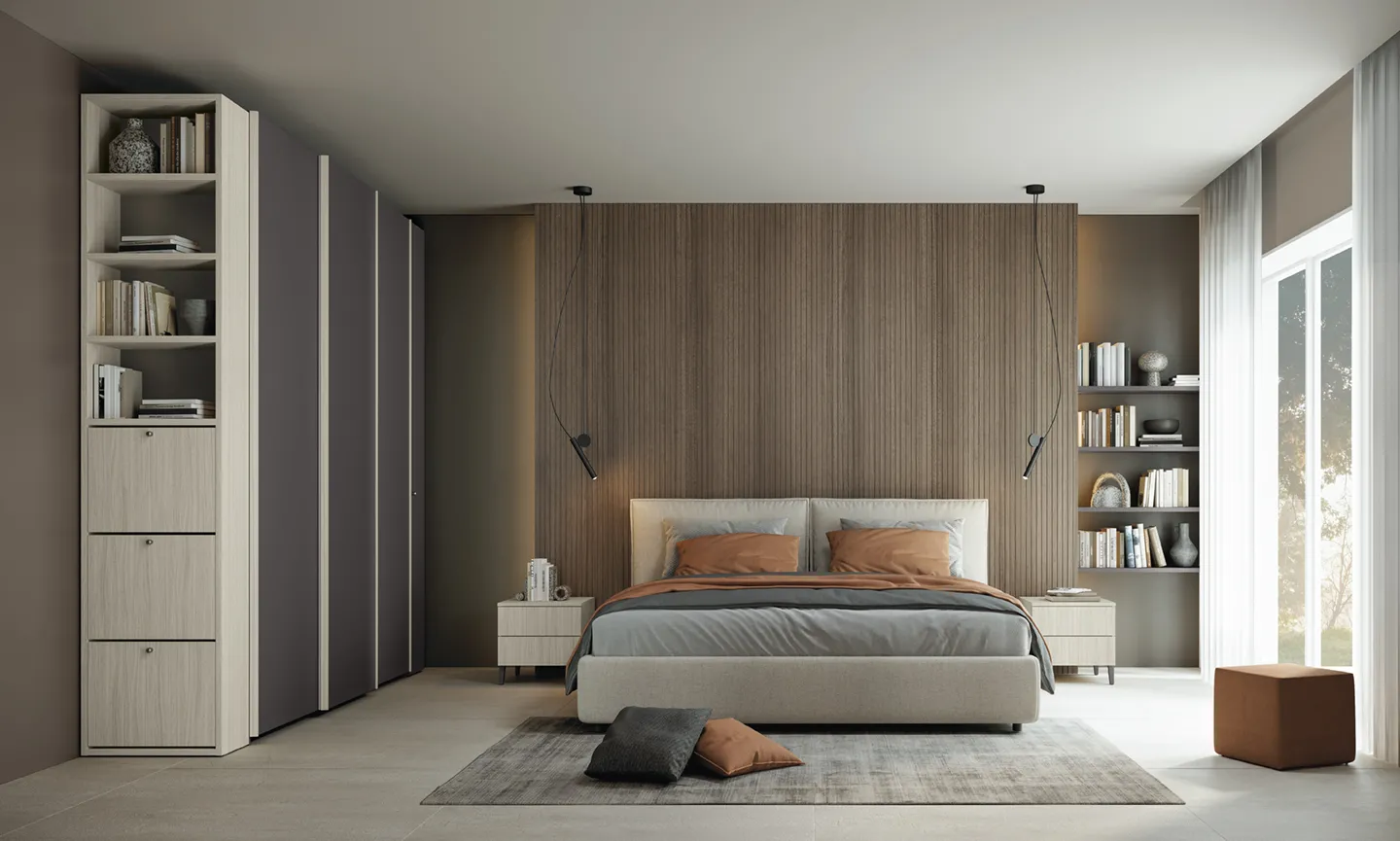 Letto Twin Colombini tortora tra comodini chiari davanti a una boiserie in legno scuro