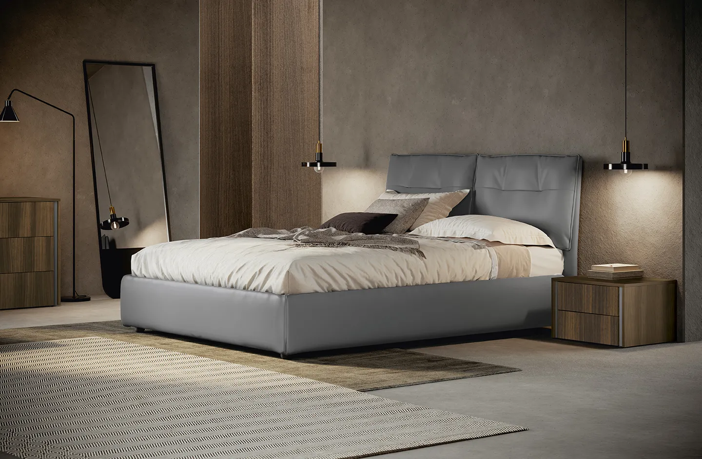 Letto imbottito Kiss Colombini grigio scuro effetto pelle con testata a due cuscini ripiegati