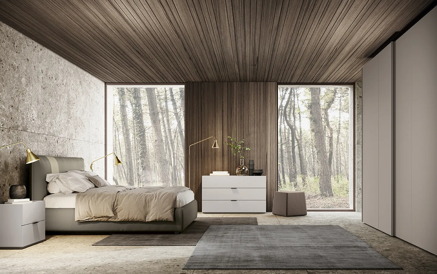 Camera con letto Tetris Colombini, soffitto in legno e vetrata affacciata sul bosco