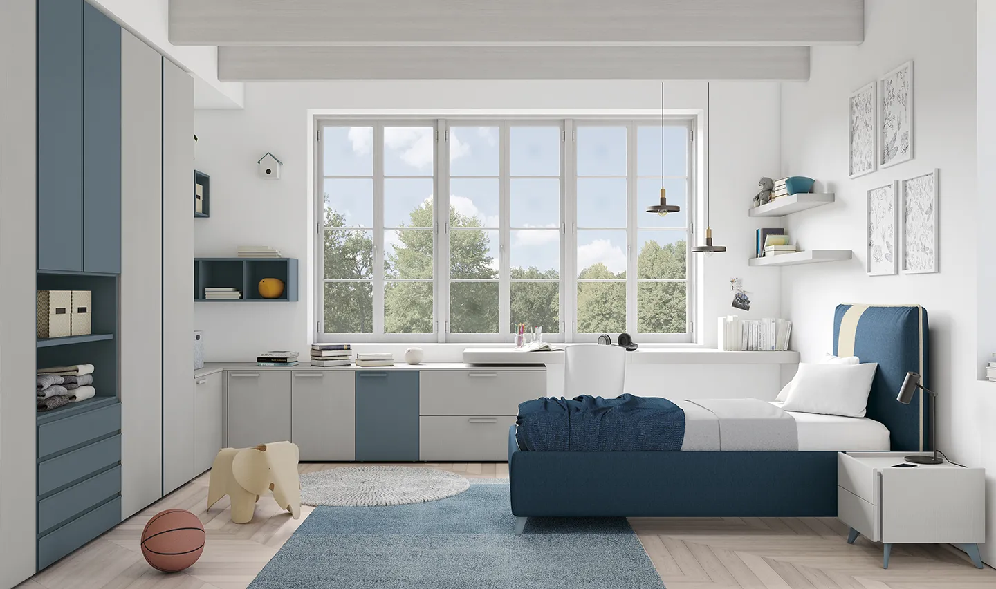 Letto singolo Tetris Colombini blu con fascia azzurra in una cameretta luminosa