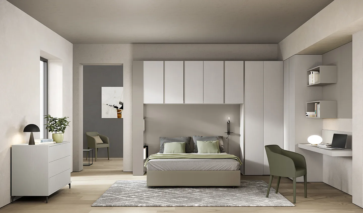 Letto imbottito Kant Colombini color sabbia sotto un armadio a ponte chiaro