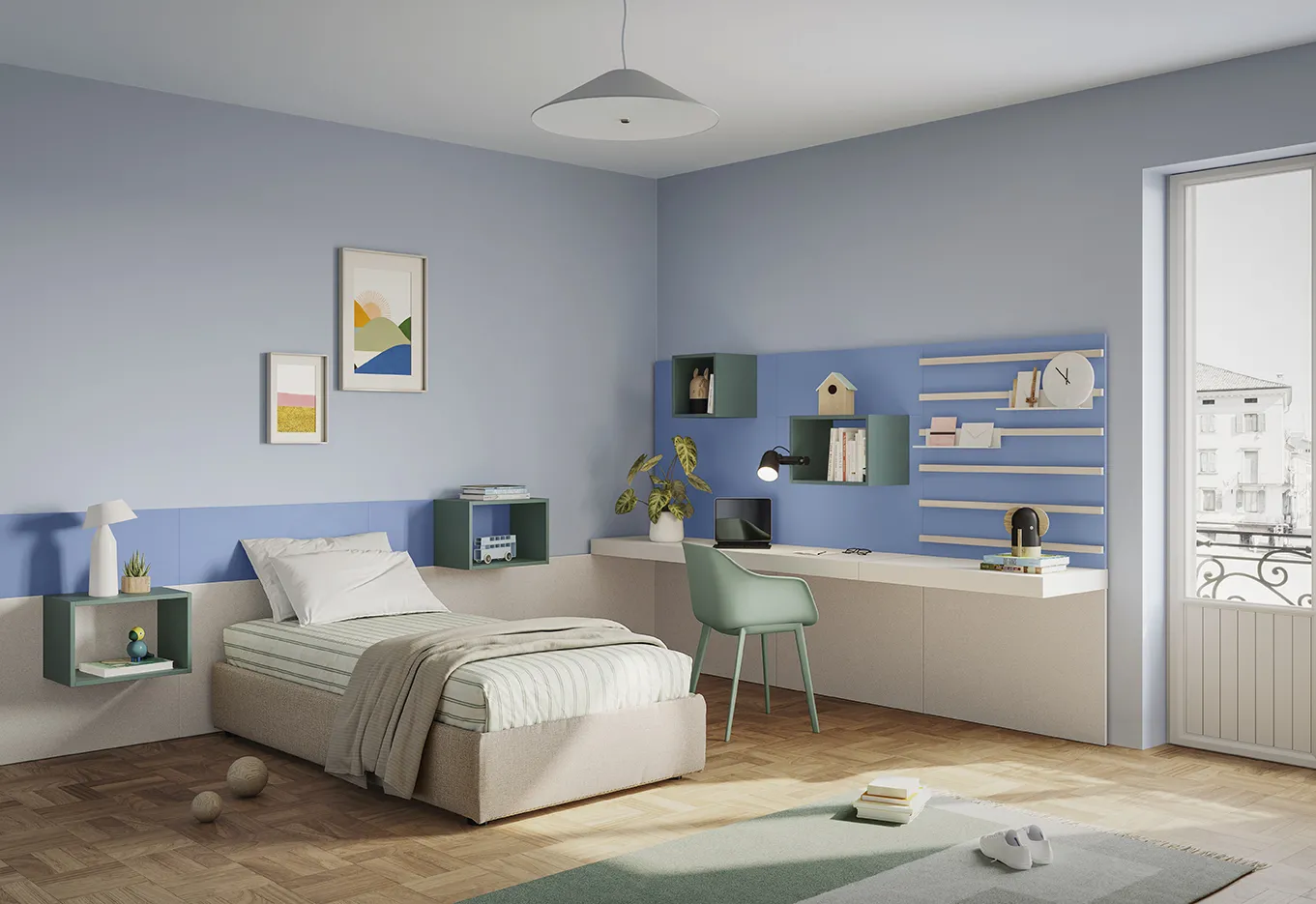 Letto singolo Kant Colombini in una cameretta con pareti azzurre e scrivania