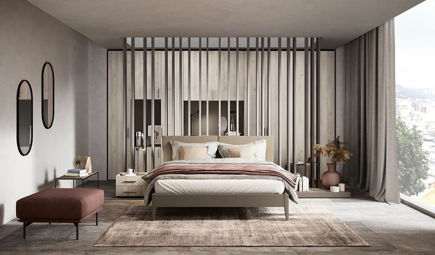 Letto con testata Cushy Colombini color corda davanti a una boiserie a listelli e panca mattone