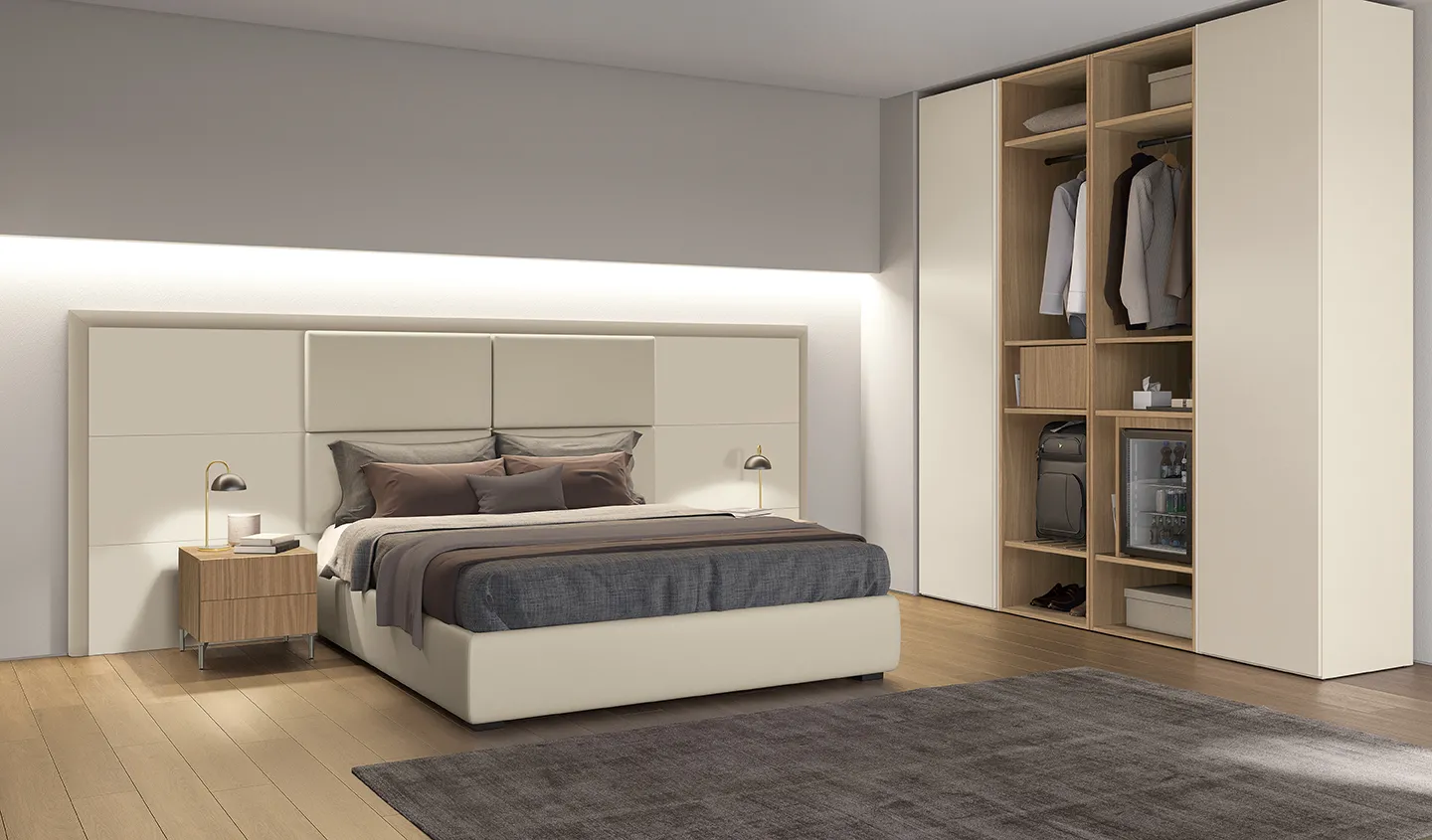 Letto con testata continua Superior Colombini color panna con cornice in legno e luce dall'alto