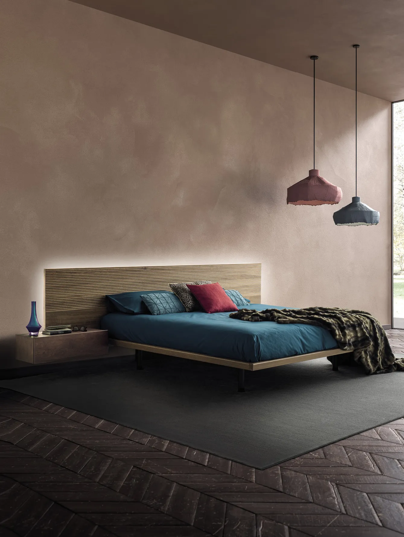 Testiera sospesa Zen Devina Nais retroilluminata con letto dal giroletto sospeso