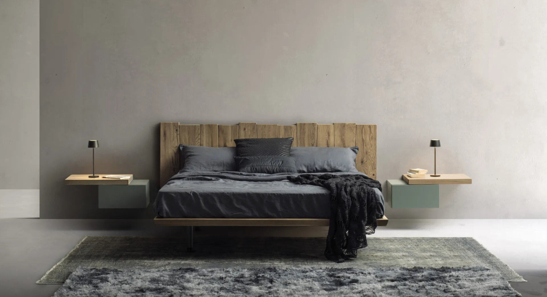 Letto Urban Ranch Devina Nais con testiera sospesa a doghe in rovere naturale e comodini sospesi