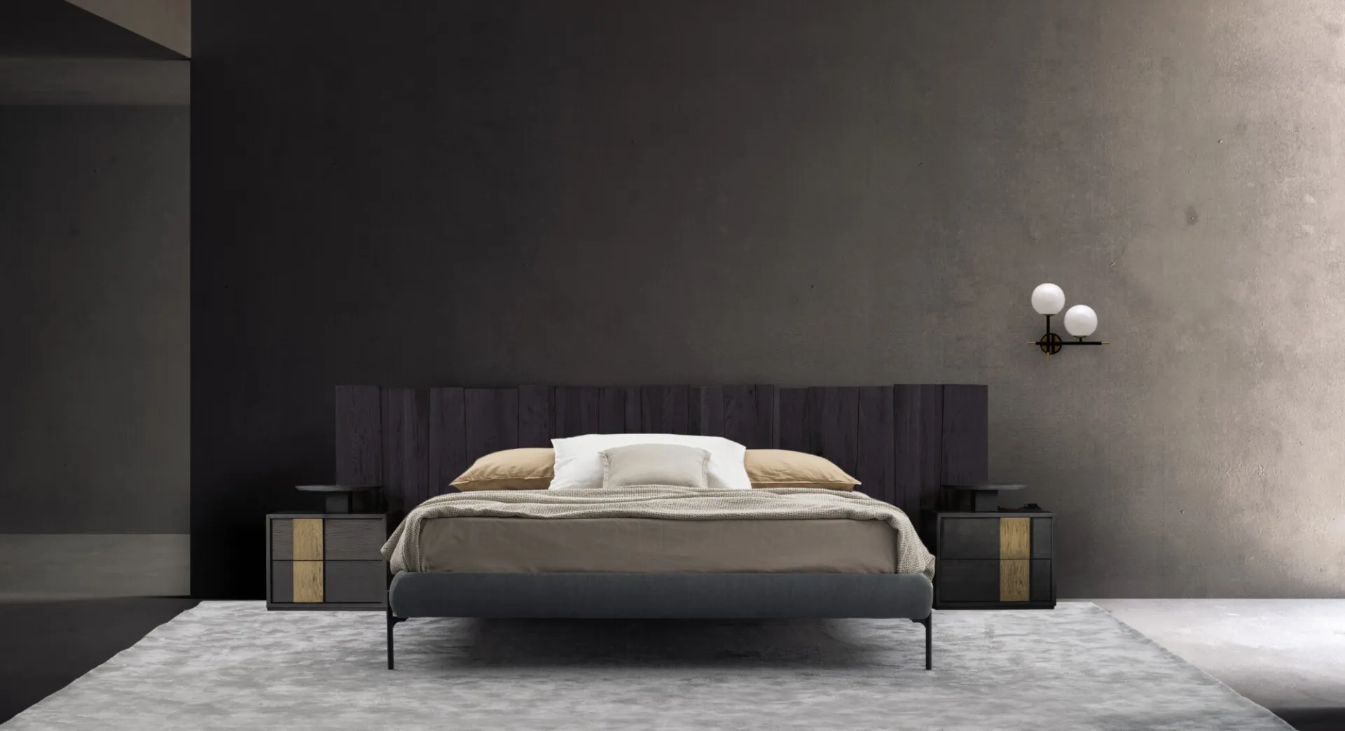 Letto Urban Ranch Devina Nais con testiera a terra in rovere scuro e giroletto imbottito