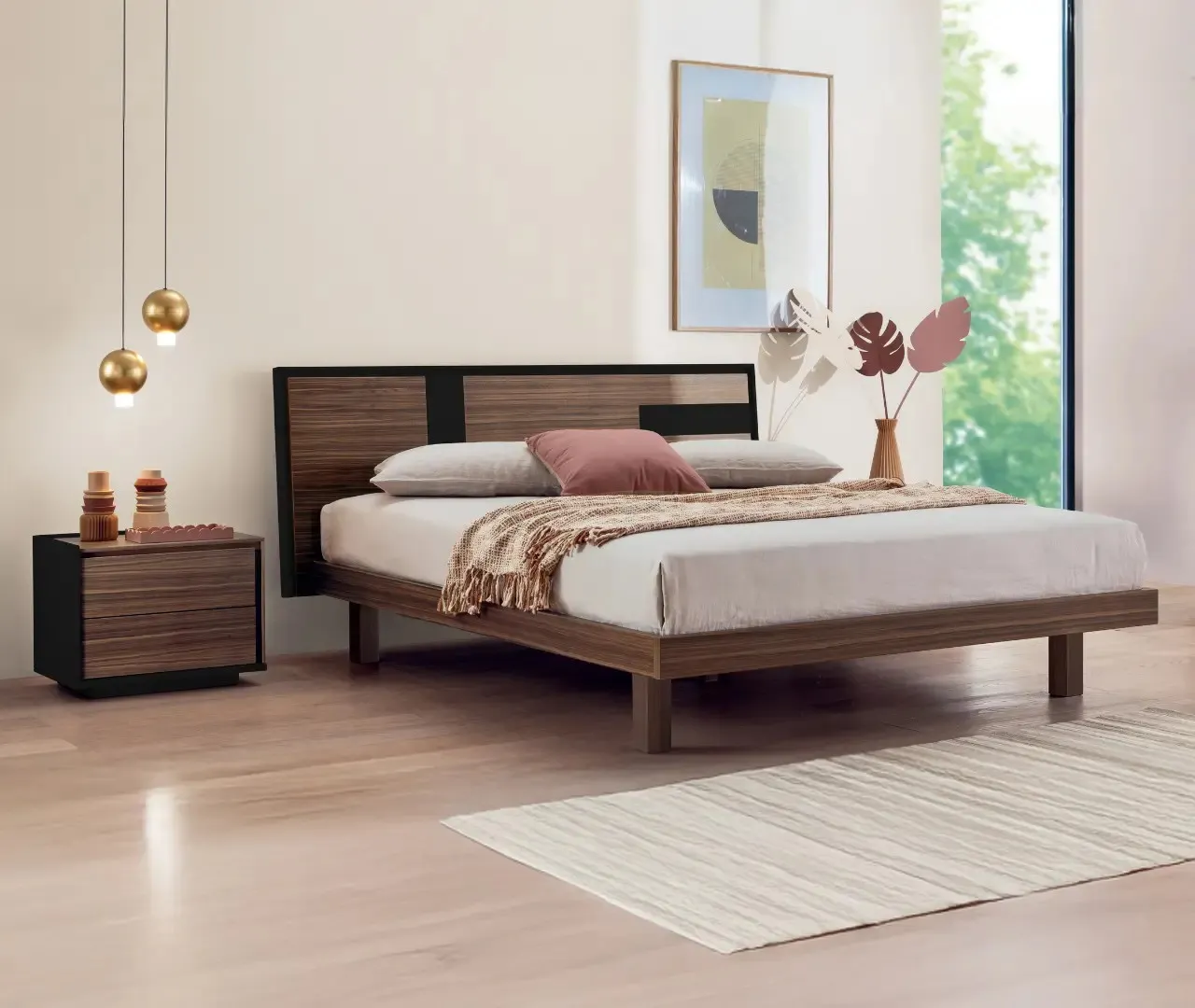 Letto Solstizio Le Fablier con cornice laccata scura attorno alla testata in noce canaletto