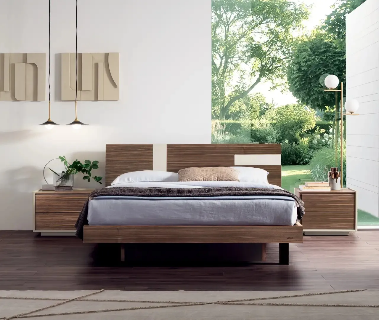 Letto Solstizio Le Fablier senza cornice, con inserti laccati chiari sulla testata