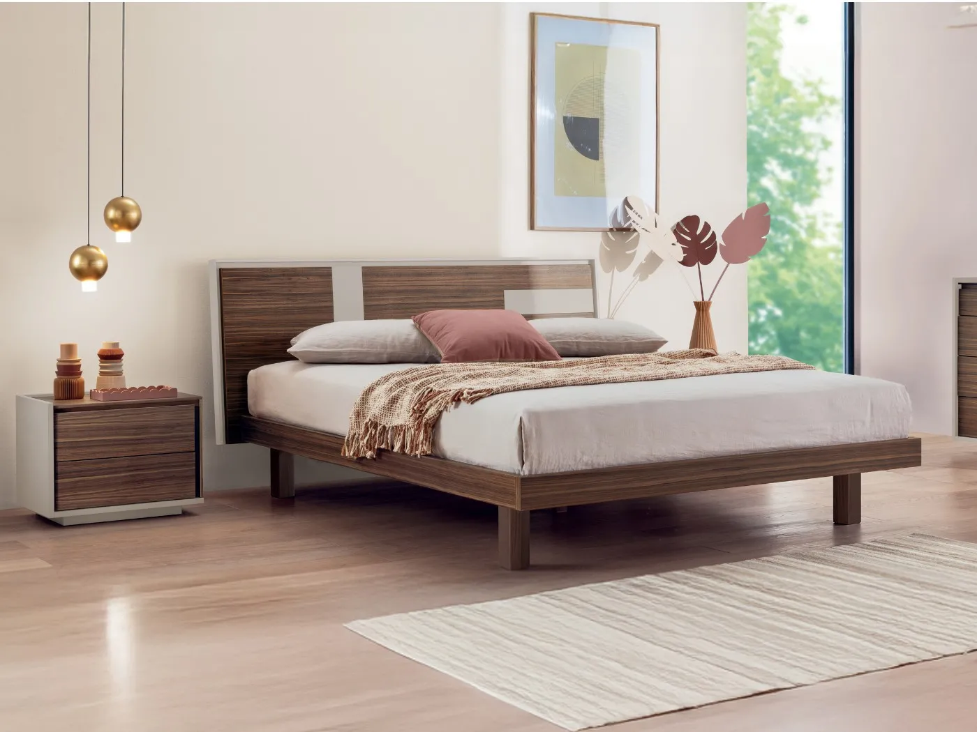 Letto Solstizio Le Fablier con cornice in camera da letto, con comodino coordinato