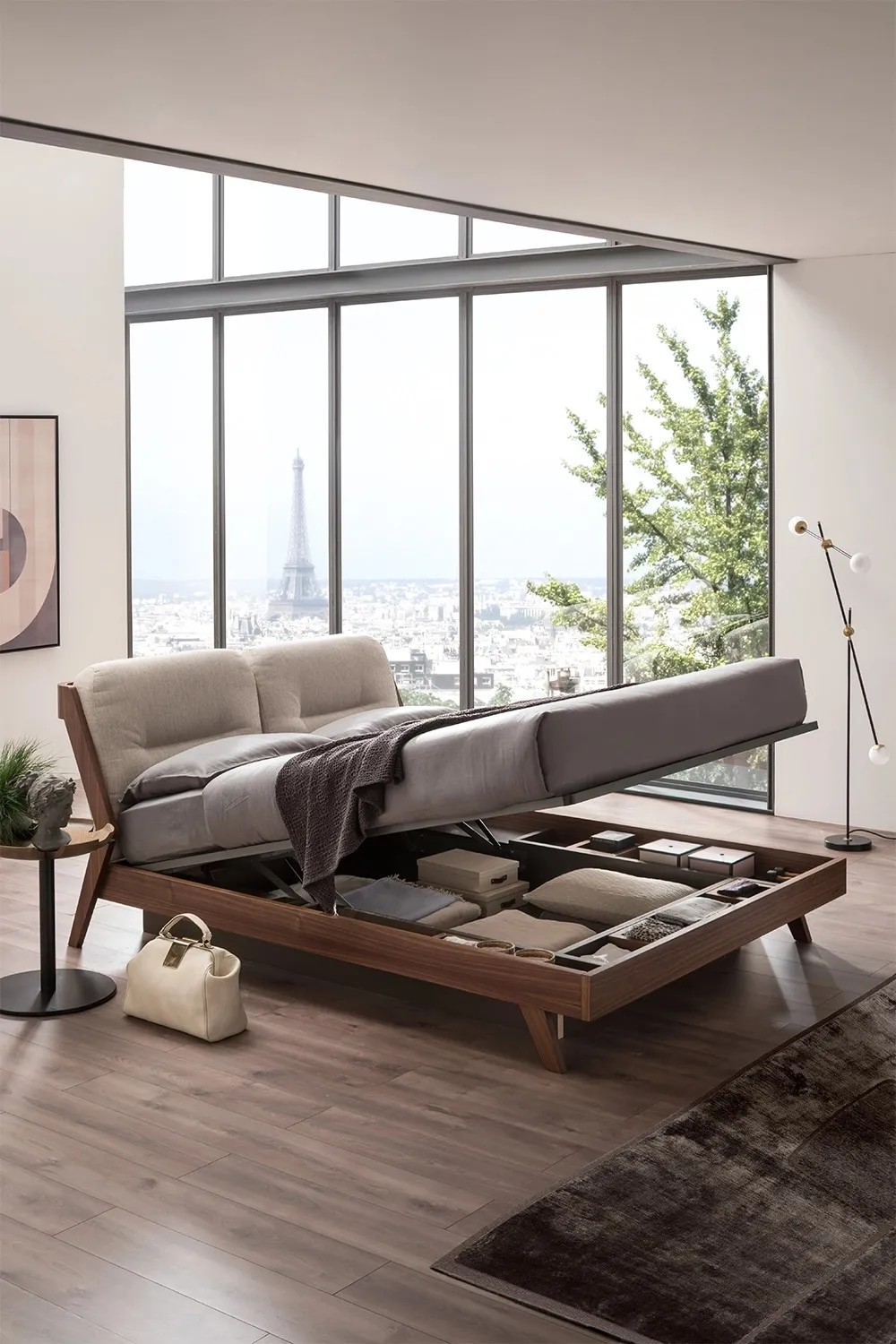 Letto Sussurro Le Fablier con il vano contenitore aperto
