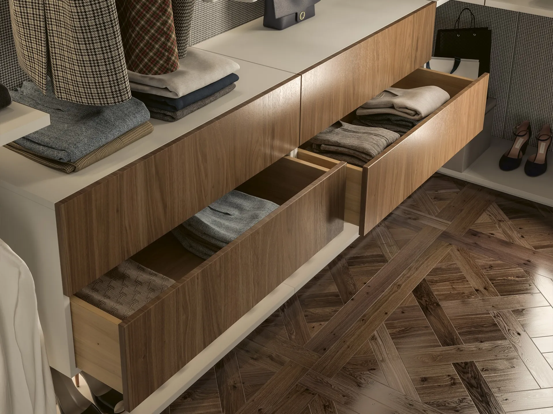Cassettoni in legno aperti della cabina armadio Melograno 02 Le Fablier