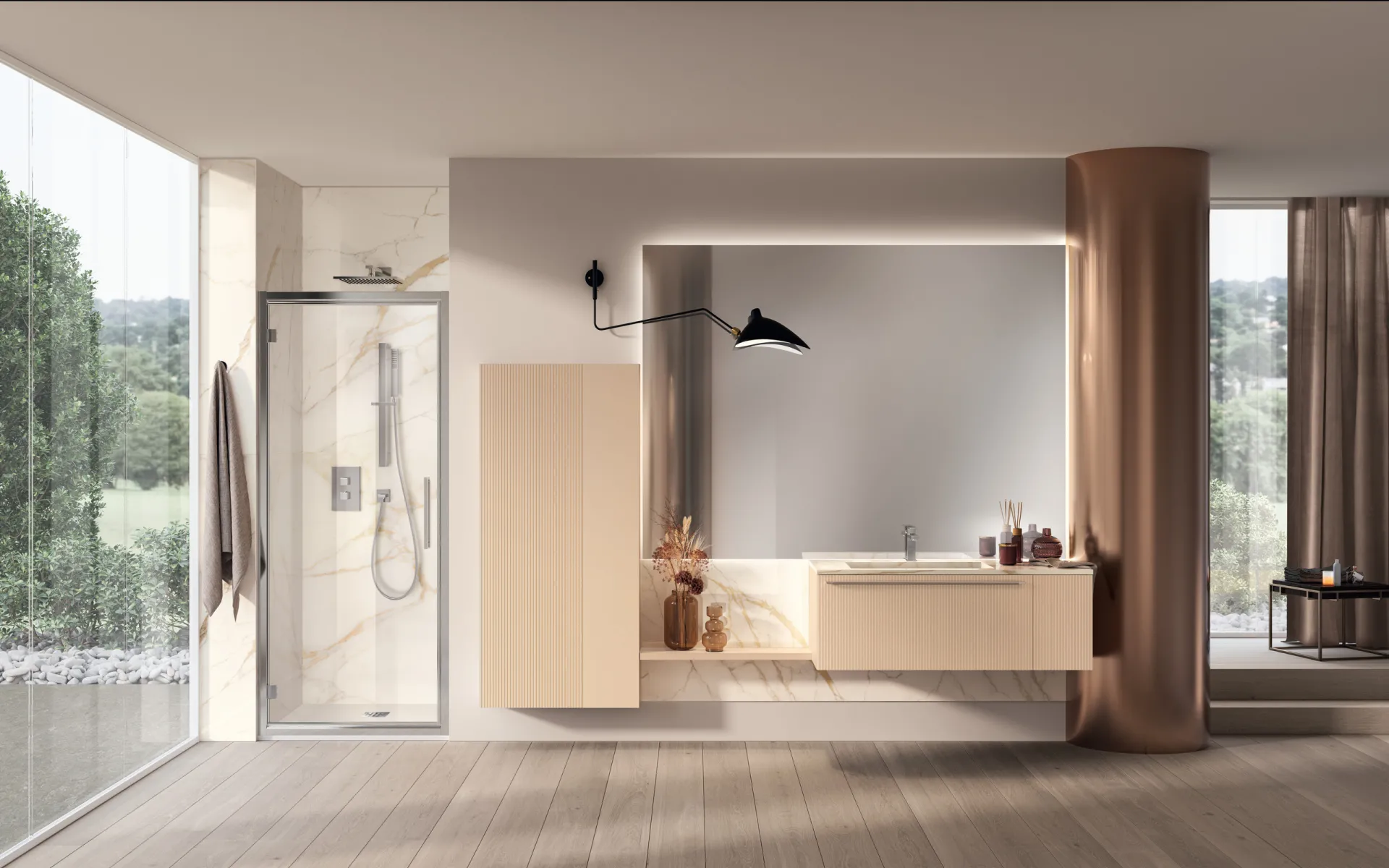 Bagno Aquo Scavolini con base sospesa e armadio pensile in laccato opaco dogato Cipria