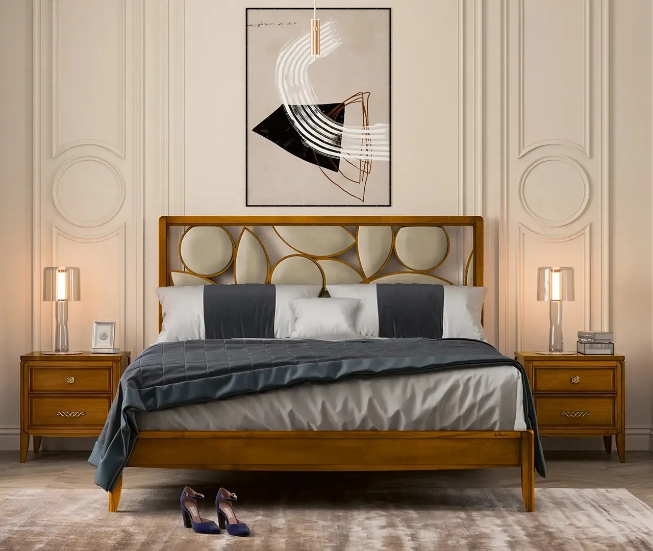 Letto classico Incanto Le Fablier con testiera a petali imbottiti tra due comodini