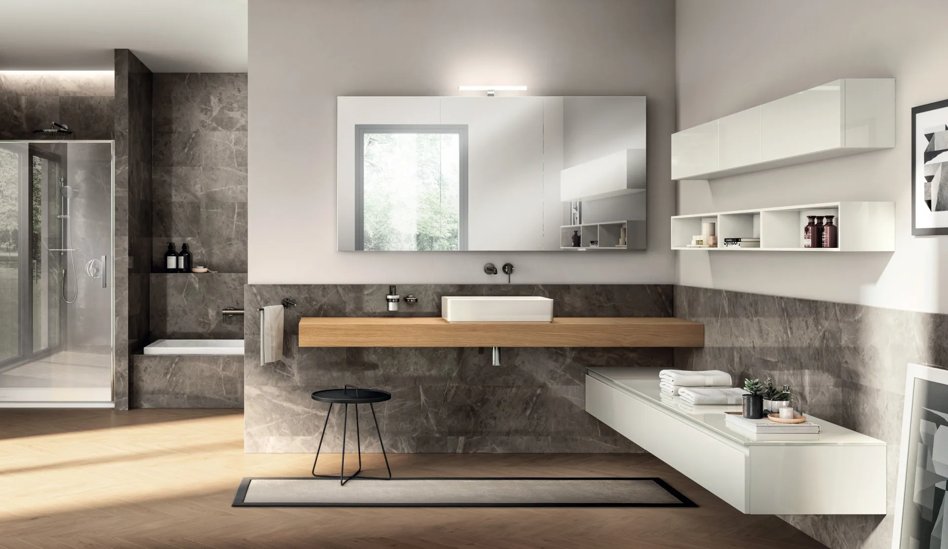 Bagno Juno Scavolini bianco lucido con basi sospese, piano spesso in rovere e lavabo in appoggio