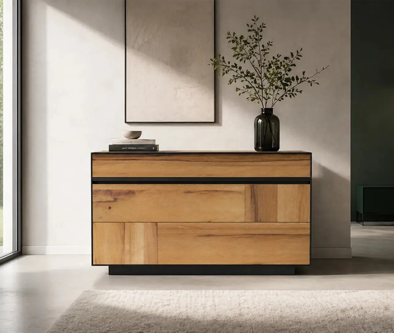 Comò moderno Oslo Le Fablier con cassetti in rovere invecchiato e struttura laccata nera