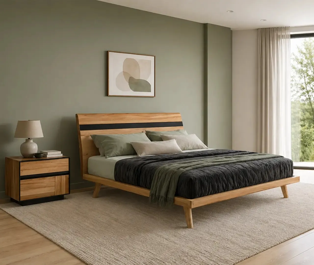 Letto moderno Berlino Le Fablier in rovere con fascia nera sulla testiera e comodino abbinato