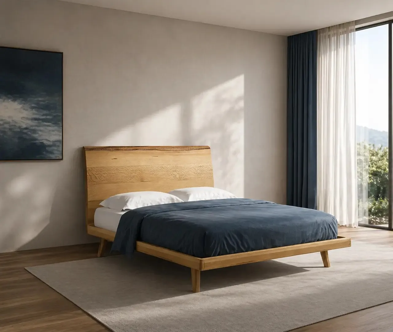 Letto Milano Le Fablier con testiera piena in rovere invecchiato in una camera luminosa