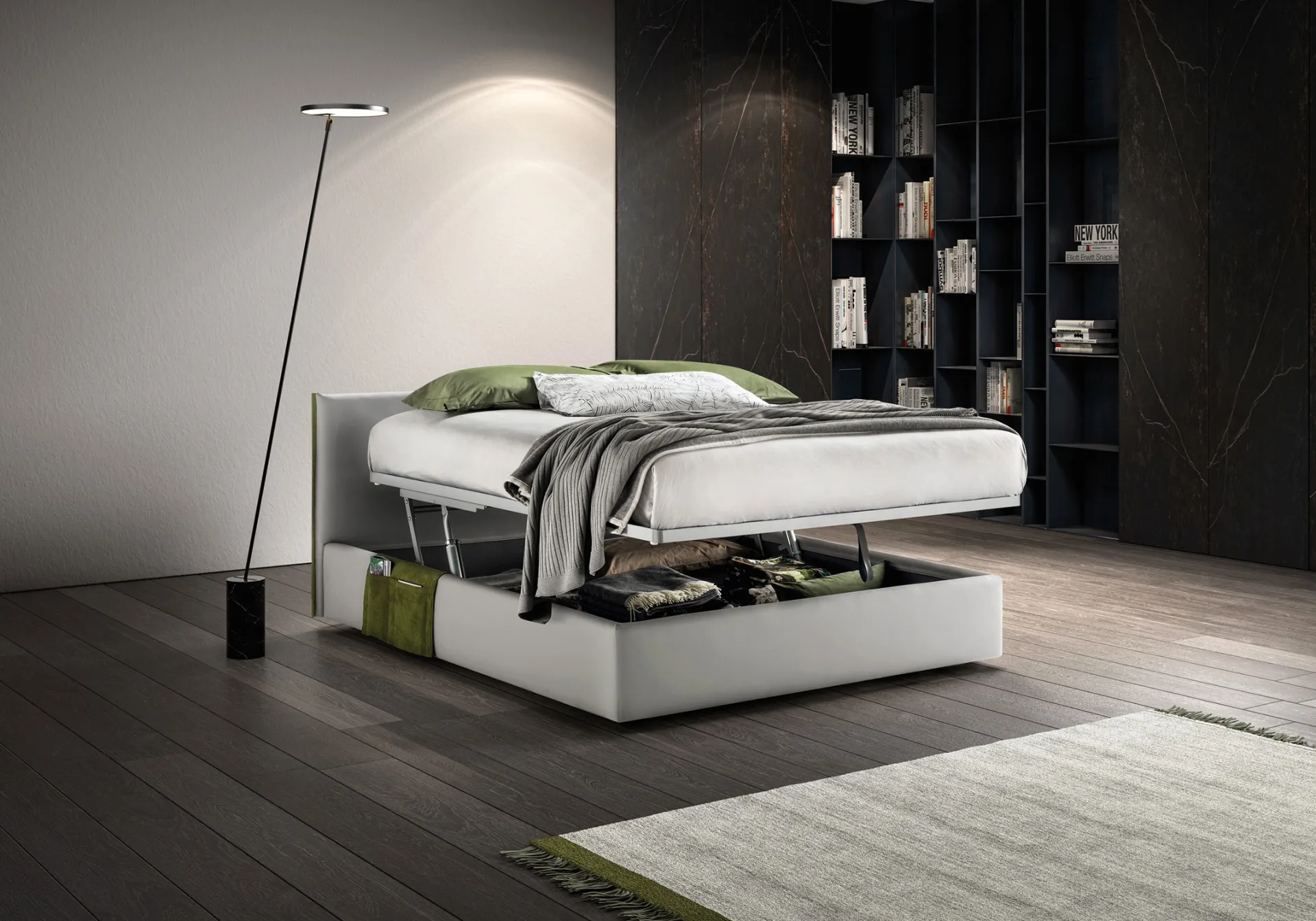 Letto Good Rim Samoa con la rete sollevata a metà sul contenitore
