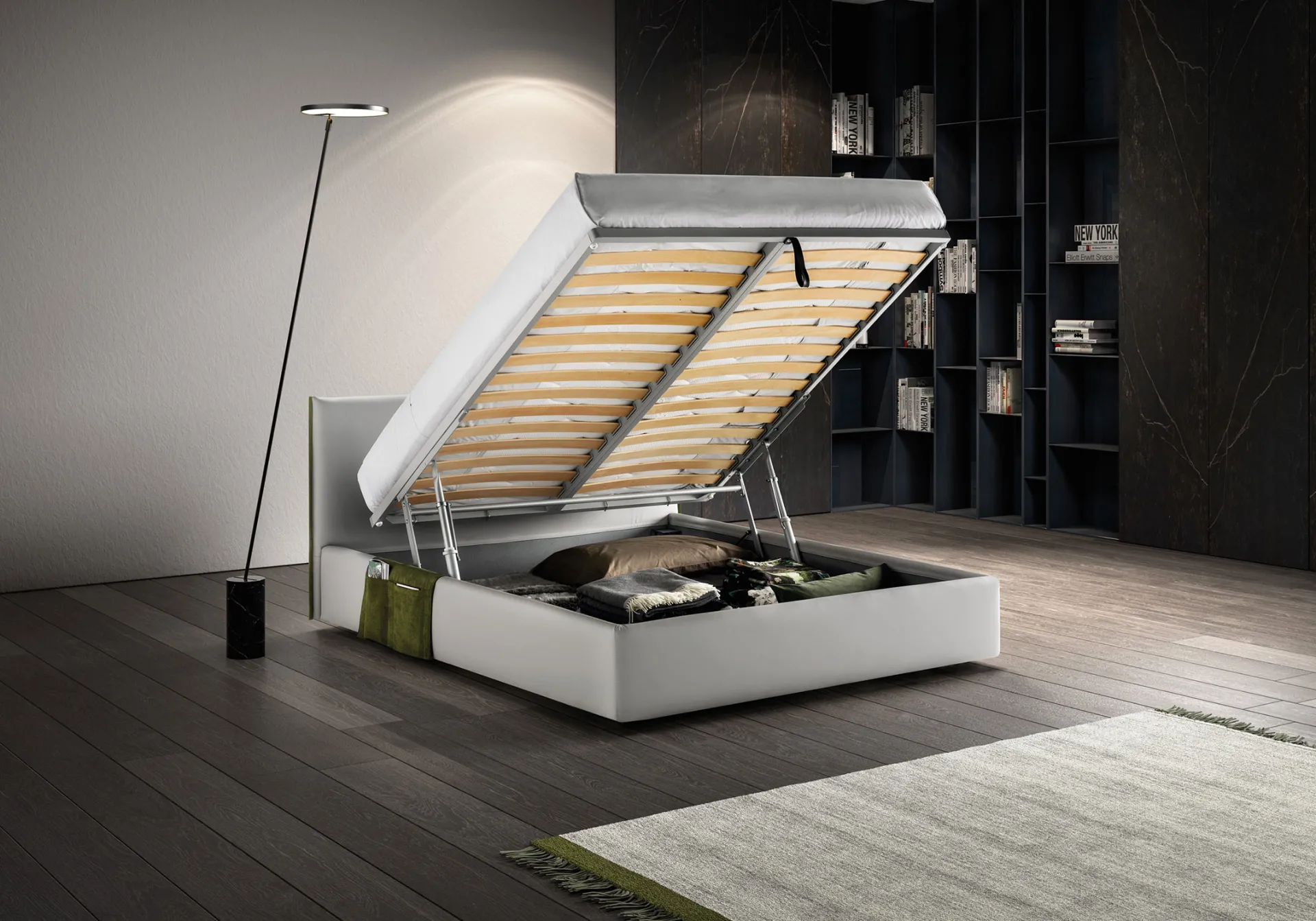 Letto Good Rim Samoa con rete a doghe del tutto sollevata e contenitore aperto