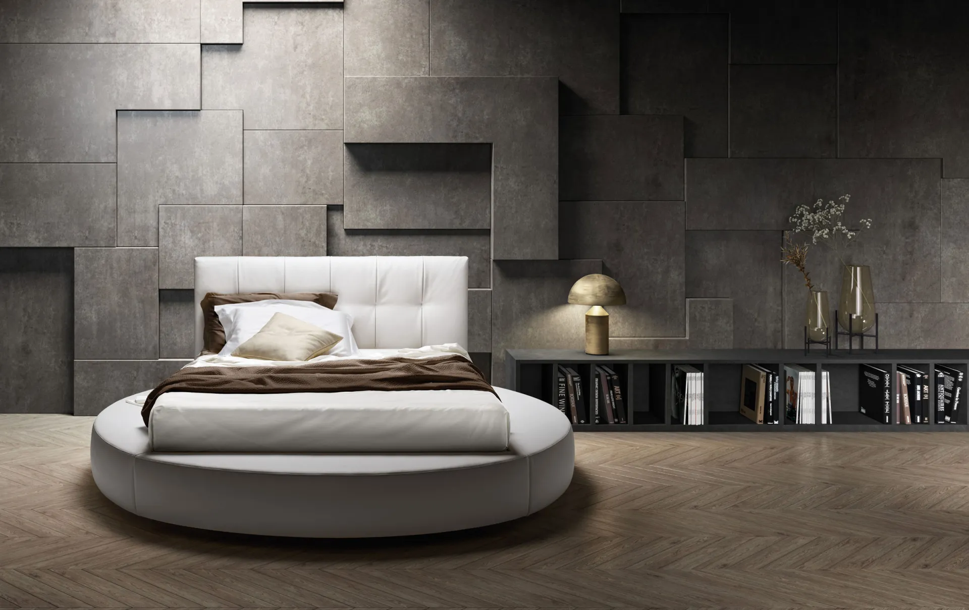 Letto imbottito Special Samoa bianco con base rotonda e testiera trapuntata a riquadri