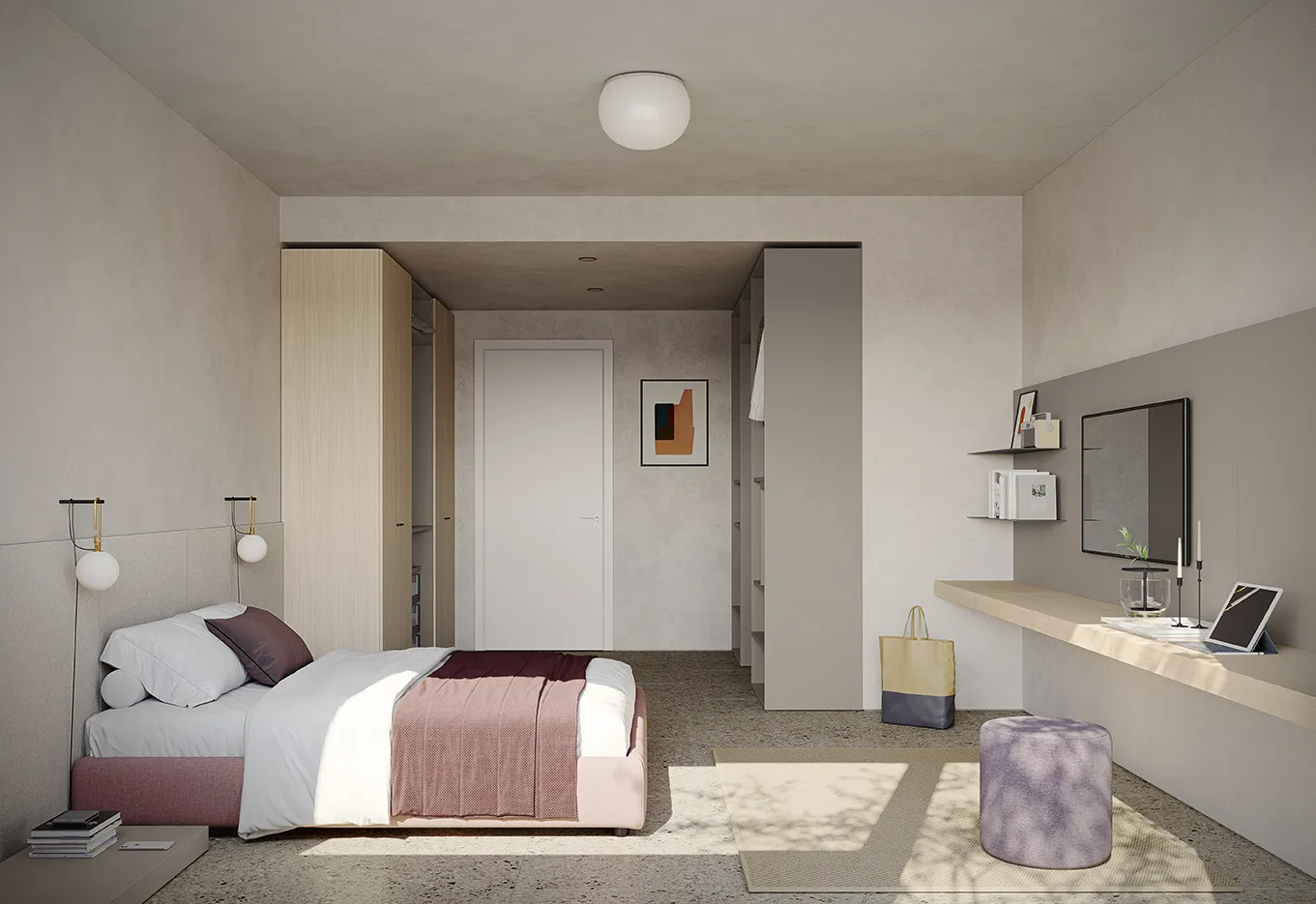 Stanza d'albergo Golf Contract Space Colombini con armadio di passaggio all'ingresso e piano scrittoio sotto la tv