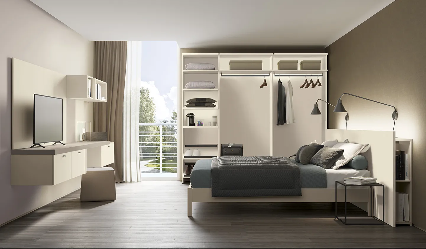 Camera d'hotel Golf Contract Space Colombini compatta con guardaroba a giorno dietro la testata del letto