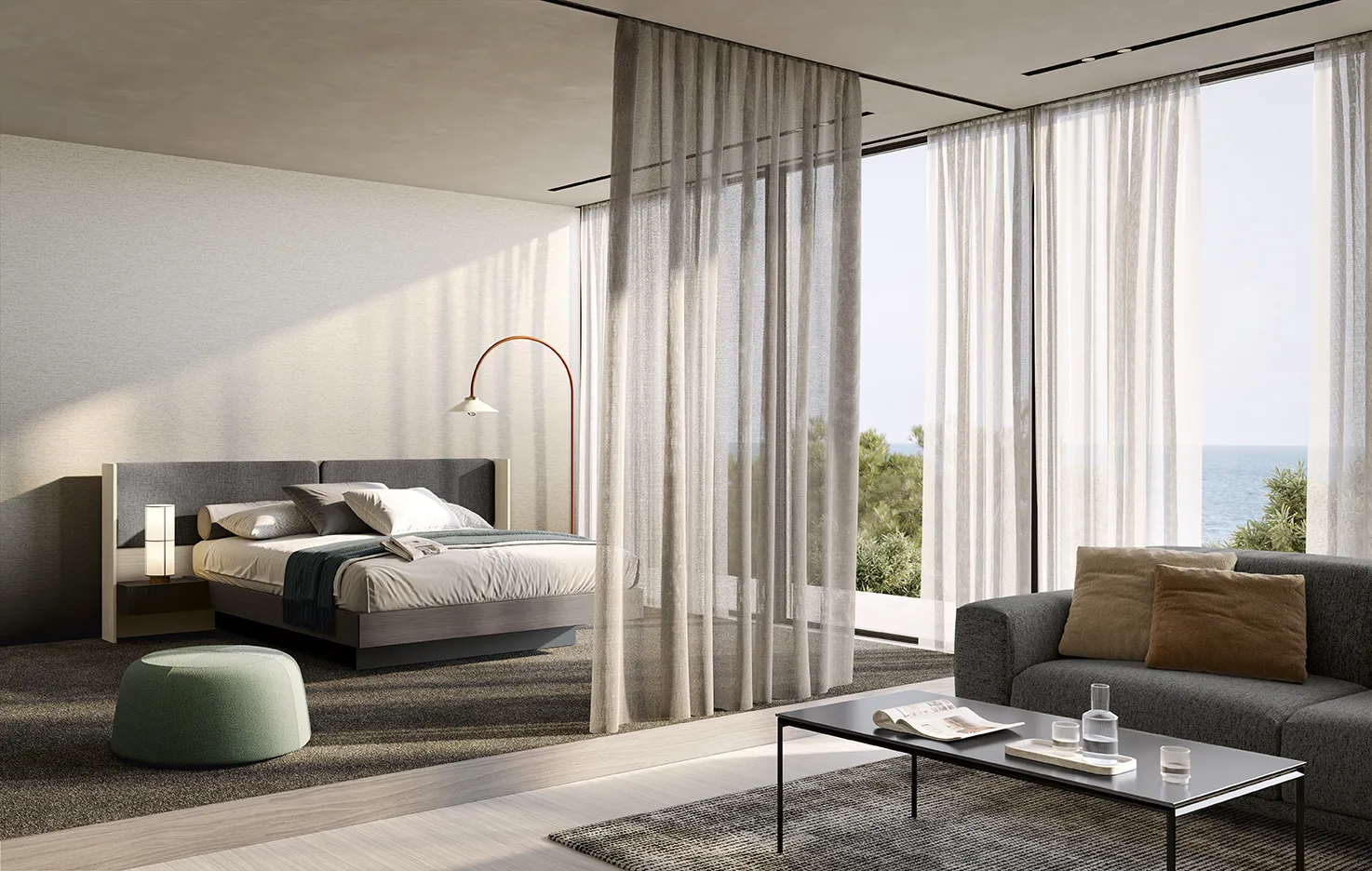 Suite Golf Contract Space Colombini con zona letto separata dal salotto da una tenda