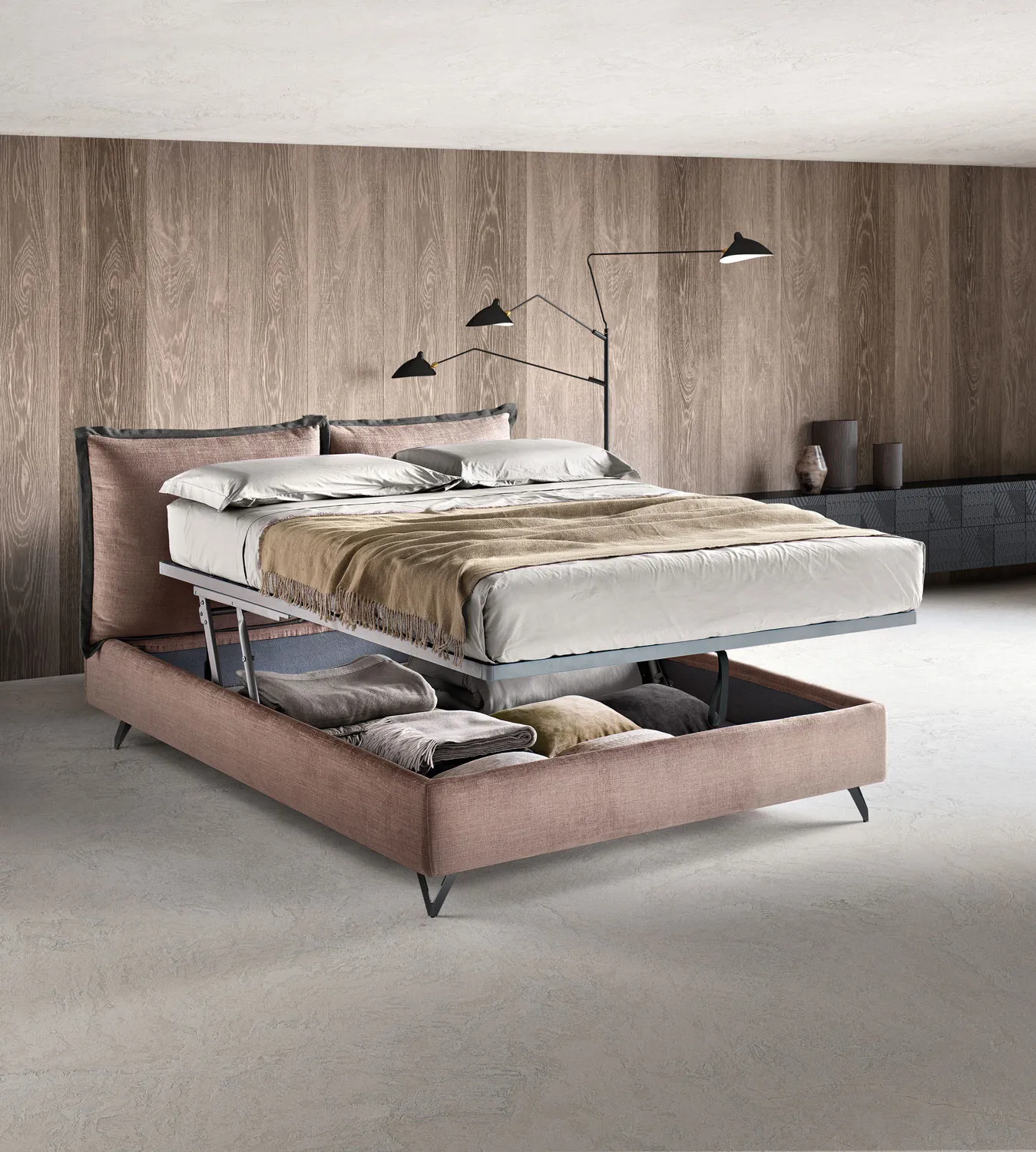 Letto Wisp Samoa con la rete sollevata e il contenitore aperto